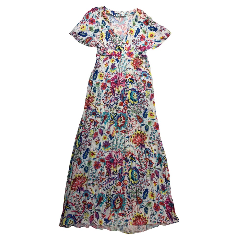 Naf Naf Maxi Dress Womens 36 White Floral Flutter Sleeve V-Neck Boho Casual